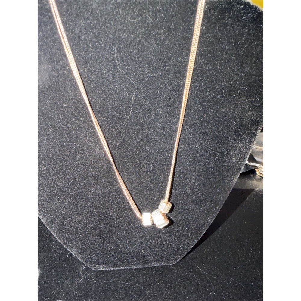 Betsey Johnson Clear Crystal Rose Gold Tone Baguette Pendant Necklace Signed - Picture 3 of 7